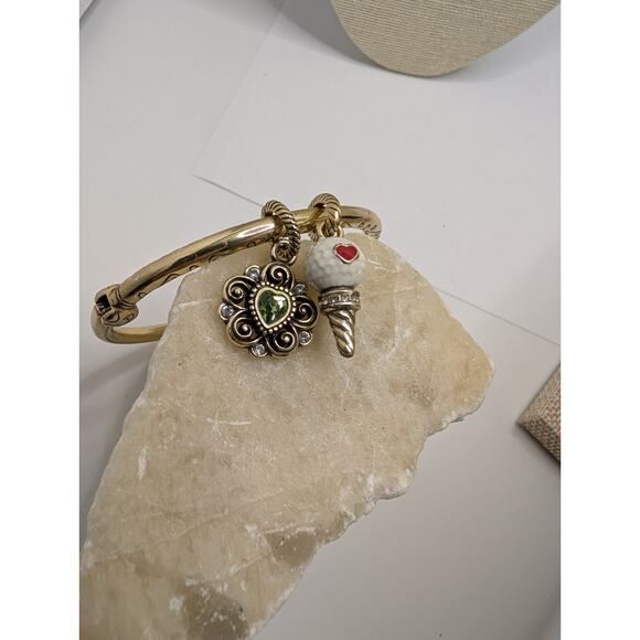 Brighton Retired goldtone hinged bangle bracelet Golf Tee charms Green Crystals - Picture 1 of 6